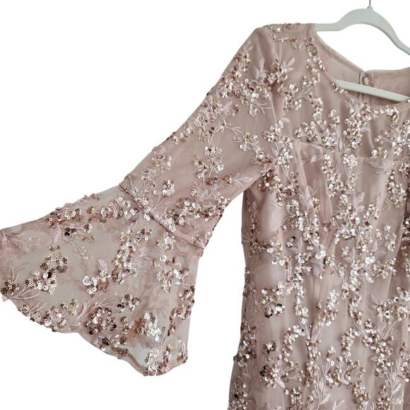 Alex Evenings Rose Gold Pink Floral Embroidered Sequin Sheath Midi Dress Sz 12 - Picture 6 of 12